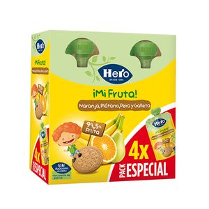 Hero Mi Fruta Bolsitas de Naranja, Plátano, Pera y Galleta Sin Azúcar Añadido, Pack de 4x100gr