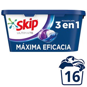 Skip Ultimate Detergente en Cápsulas para la ropa Máxima Eficacia Acción 3 en 1 poder quitamanchas 16 lavados